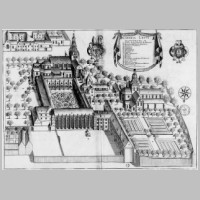 L'abbaye de Corbie, planche gravée du Monasticon Gallicanum publiée en 1677, Bibliothèque nationale de France (Michel Germain, Wikipedia).jpg